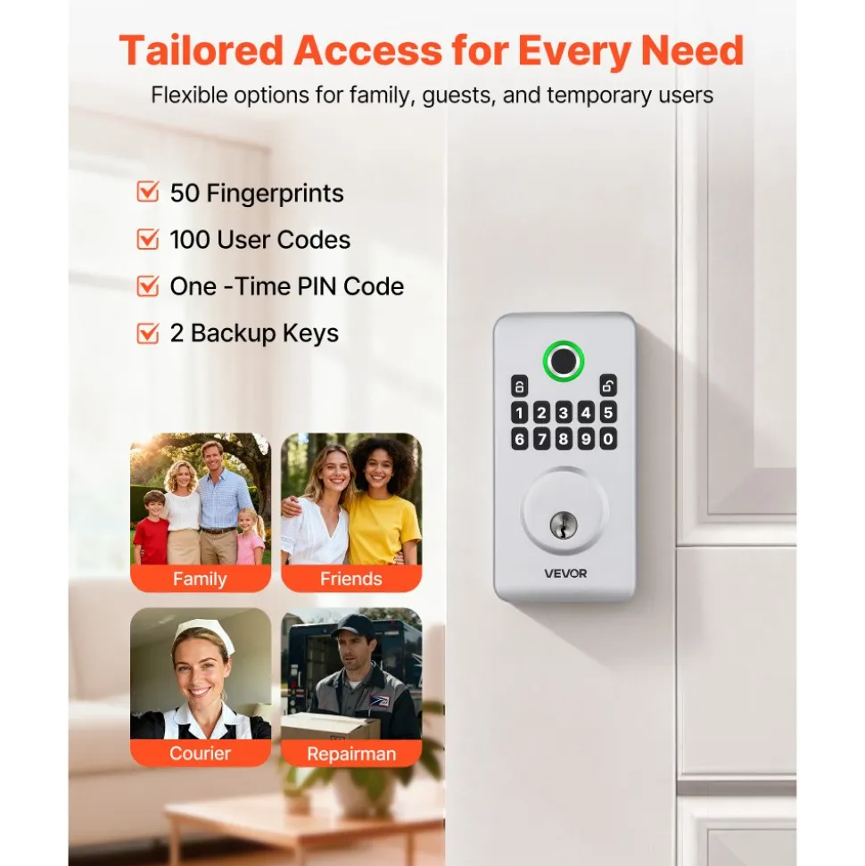 VEVOR Fingerprint Door Lock, Electronic Biometric Deadbolt with Pioneering Easy-Grip Design, Auto Locking, One-Time Code, Anti-Peeking Password, Keyless Entry Door Lock for Home, Apartment, Silver