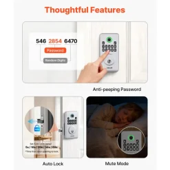 VEVOR Fingerprint Door Lock, Electronic Biometric Deadbolt with Pioneering Easy-Grip Design, Auto Locking, One-Time Code, Anti-Peeking Password, Keyless Entry Door Lock for Home, Apartment, Silver