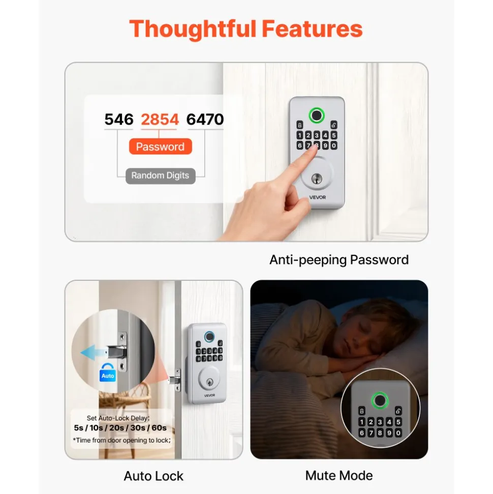 VEVOR Fingerprint Door Lock, Electronic Biometric Deadbolt with Pioneering Easy-Grip Design, Auto Locking, One-Time Code, Anti-Peeking Password, Keyless Entry Door Lock for Home, Apartment, Silver