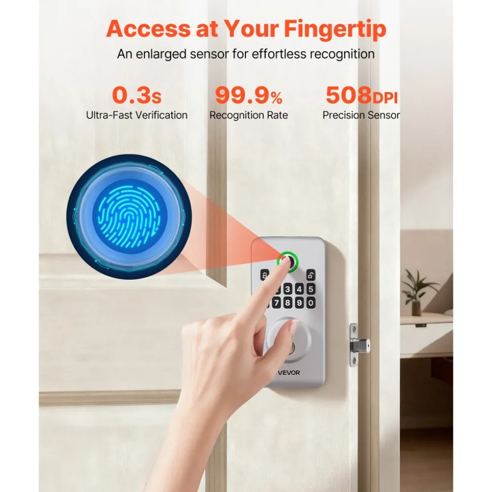 VEVOR Fingerprint Door Lock, Electronic Biometric Deadbolt with Pioneering Easy-Grip Design, Auto Locking, One-Time Code, Anti-Peeking Password, Keyless Entry Door Lock for Home, Apartment, Silver
