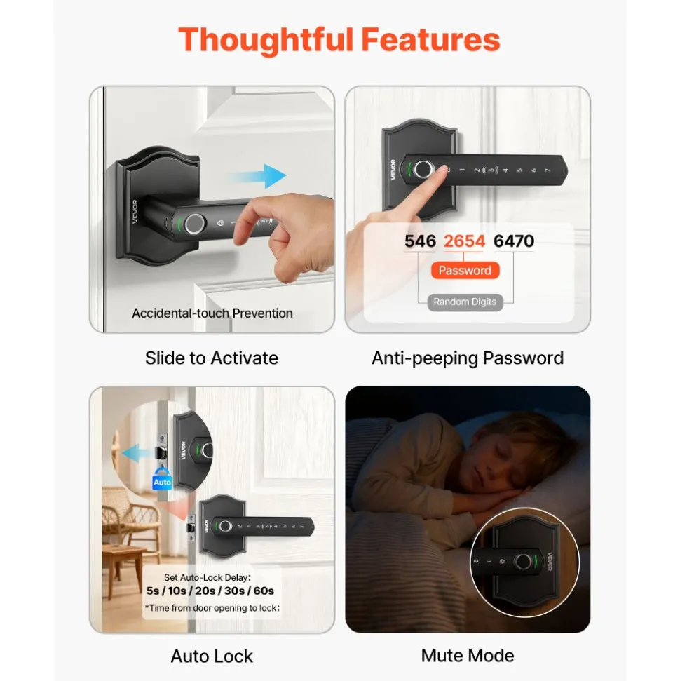 VEVOR Fingerprint Door Lock Set, Electronic Biometric Knob Keyless Entry Door Lock with Handle, Auto Locking, One-Time Code, Anti-Peeking Password, Easy Installation, for Home, Apartment, Matte Black