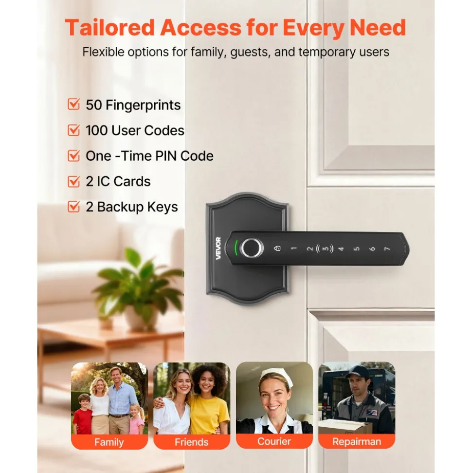VEVOR Fingerprint Door Lock Set, Electronic Biometric Knob Keyless Entry Door Lock with Handle, Auto Locking, One-Time Code, Anti-Peeking Password, Easy Installation, for Home, Apartment, Matte Black