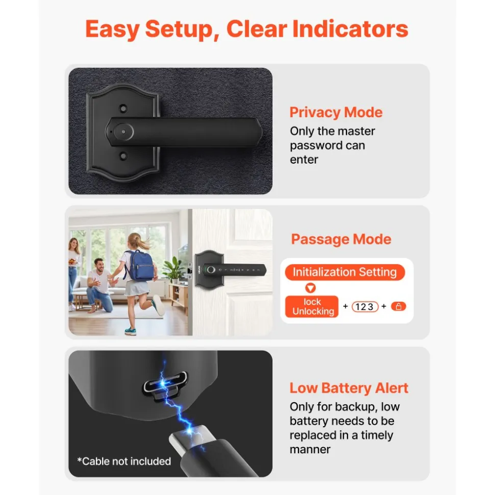 VEVOR Fingerprint Door Lock Set, Electronic Biometric Knob Keyless Entry Door Lock with Handle, Auto Locking, One-Time Code, Anti-Peeking Password, Easy Installation, for Home, Apartment, Matte Black
