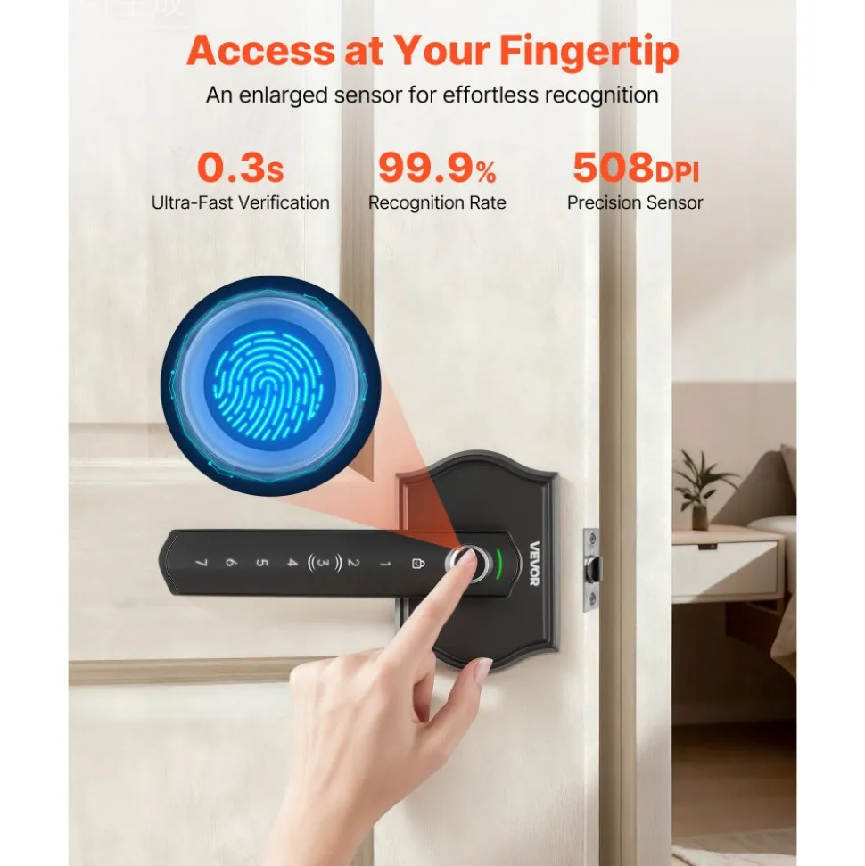 VEVOR Fingerprint Door Lock Set, Electronic Biometric Knob Keyless Entry Door Lock with Handle, Auto Locking, One-Time Code, Anti-Peeking Password, Easy Installation, for Home, Apartment, Matte Black