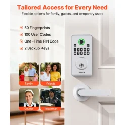 VEVOR Fingerprint Door Lock Set, Electronic Biometric Deadbolt Keyless Entry Door Lock with Handle, Pioneering Easy-Grip Design, Auto Locking, One-Time Code, Anti-Peeking Password, for Home, Silver