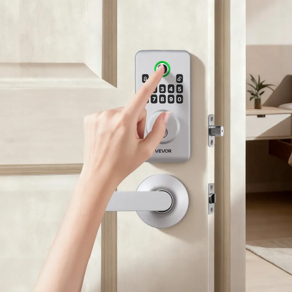 VEVOR Fingerprint Door Lock Set, Electronic Biometric Deadbolt Keyless Entry Door Lock with Handle, Pioneering Easy-Grip Design, Auto Locking, One-Time Code, Anti-Peeking Password, for Home, Silver