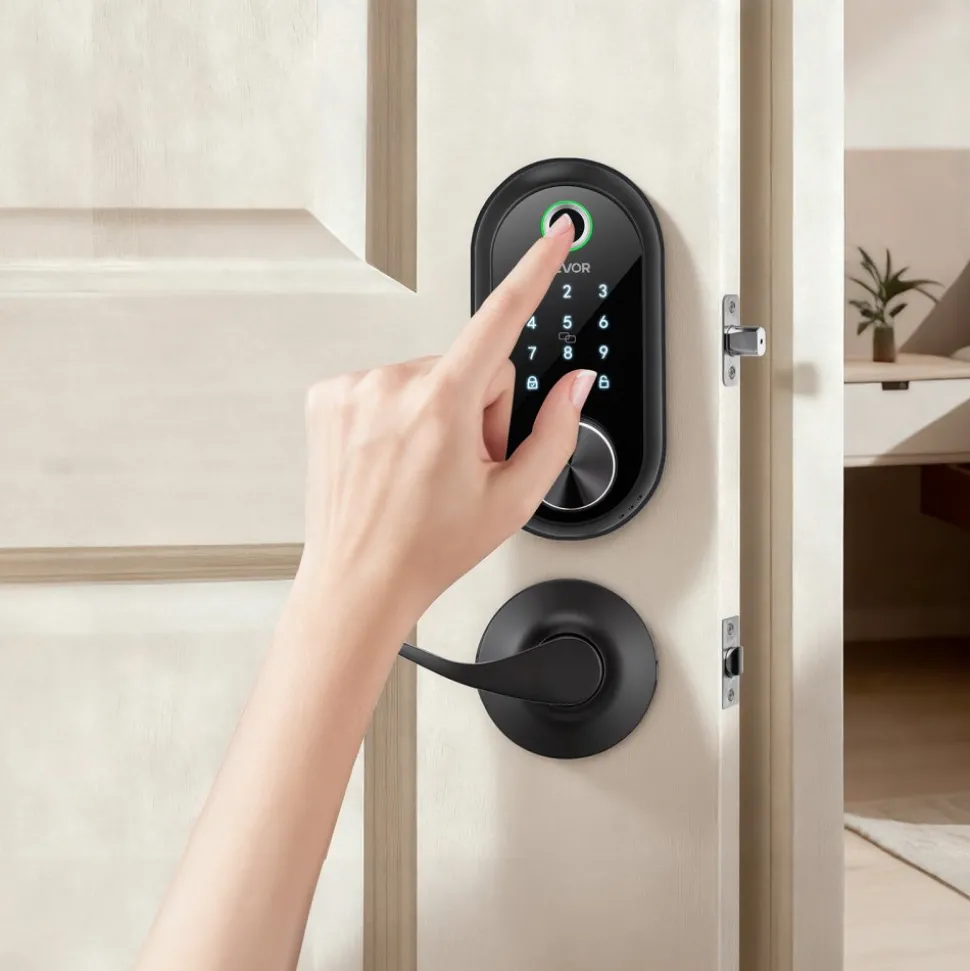 VEVOR Fingerprint Door Lock Set, Electronic Biometric Deadbolt Keyless Entry Door Lock with Handle, Touchscreen, Auto Locking, One-Time Code, Anti-Peeking Password, IC Cards, for Home, Matte Black