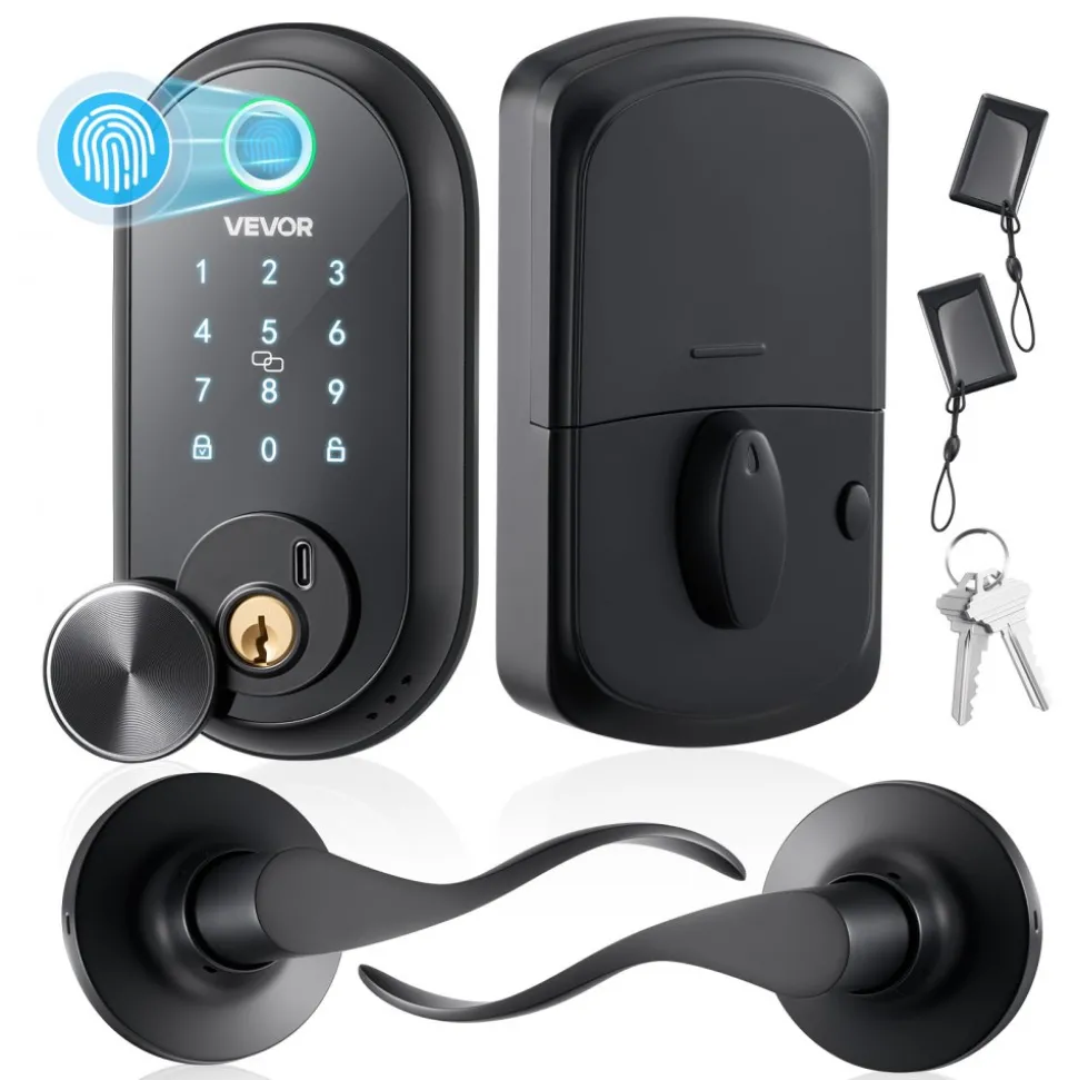 VEVOR Fingerprint Door Lock Set, Electronic Biometric Deadbolt Keyless Entry Door Lock with Handle, Touchscreen, Auto Locking, One-Time Code, Anti-Peeking Password, IC Cards, for Home, Matte Black