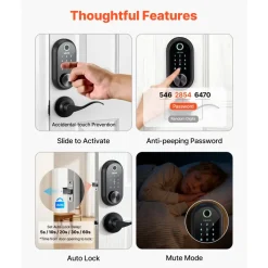 VEVOR Fingerprint Door Lock Set, Electronic Biometric Deadbolt Keyless Entry Door Lock with Handle, Touchscreen, Auto Locking, One-Time Code, Anti-Peeking Password, IC Cards, for Home, Matte Black