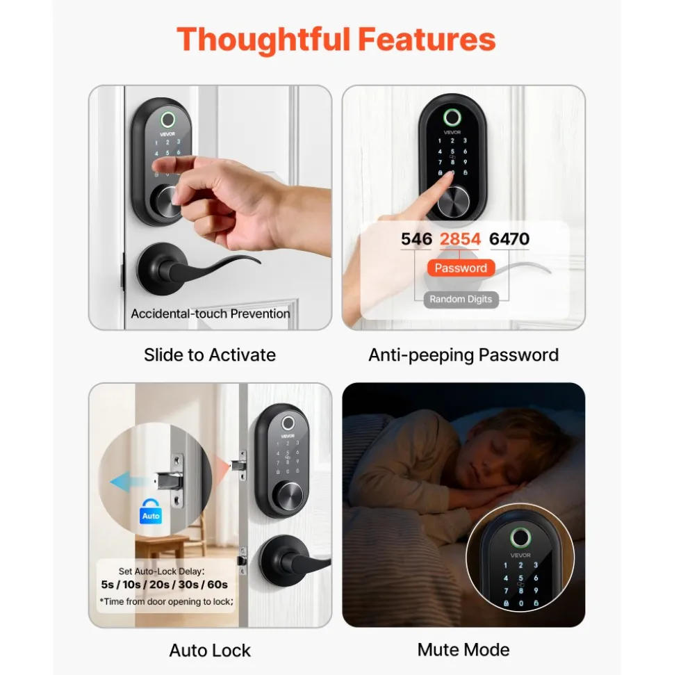 VEVOR Fingerprint Door Lock Set, Electronic Biometric Deadbolt Keyless Entry Door Lock with Handle, Touchscreen, Auto Locking, One-Time Code, Anti-Peeking Password, IC Cards, for Home, Matte Black
