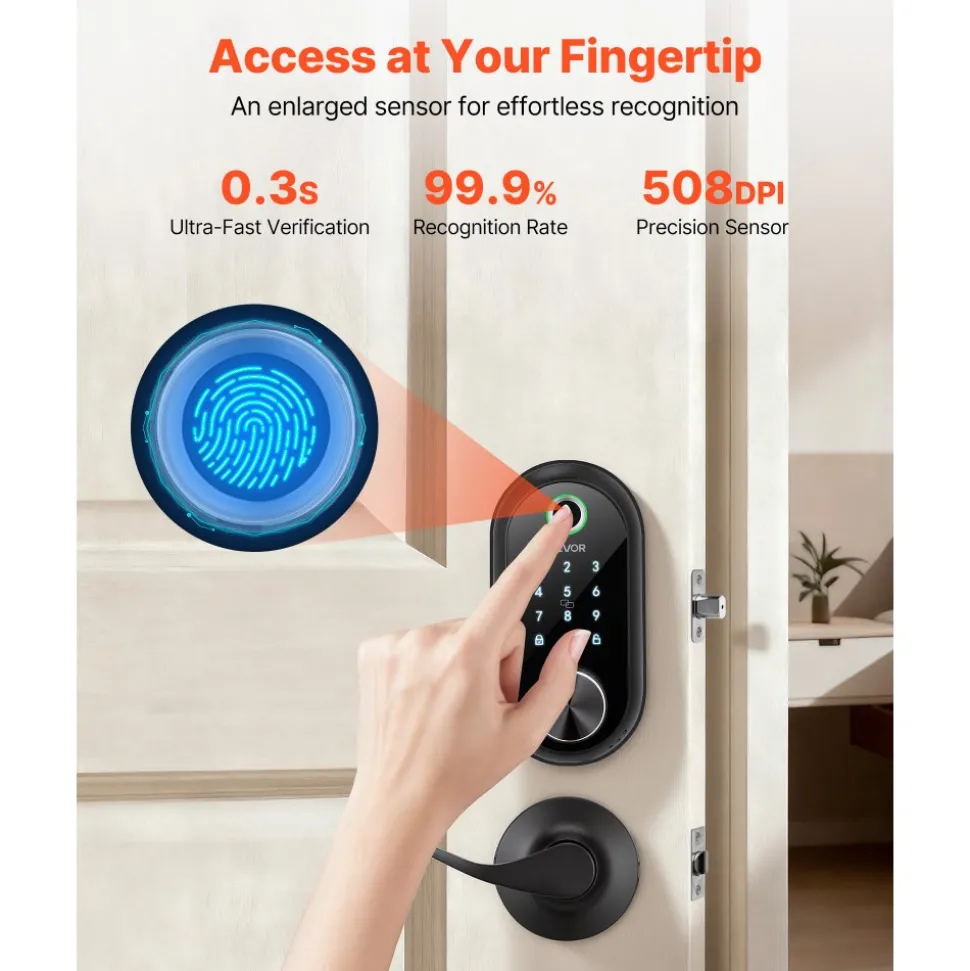 VEVOR Fingerprint Door Lock Set, Electronic Biometric Deadbolt Keyless Entry Door Lock with Handle, Touchscreen, Auto Locking, One-Time Code, Anti-Peeking Password, IC Cards, for Home, Matte Black
