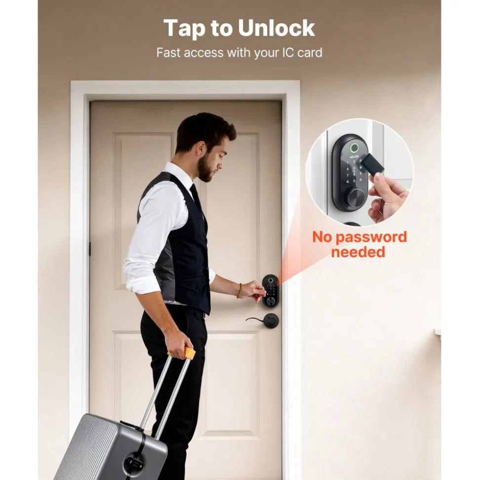 VEVOR Fingerprint Door Lock Set, Electronic Biometric Deadbolt Keyless Entry Door Lock with Handle, Touchscreen, Auto Locking, One-Time Code, Anti-Peeking Password, IC Cards, for Home, Matte Black