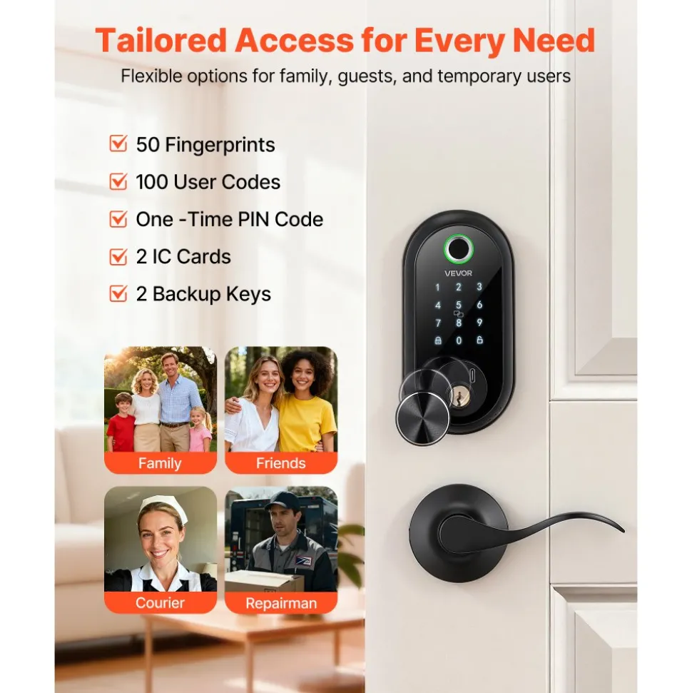 VEVOR Fingerprint Door Lock Set, Electronic Biometric Deadbolt Keyless Entry Door Lock with Handle, Touchscreen, Auto Locking, One-Time Code, Anti-Peeking Password, IC Cards, for Home, Matte Black