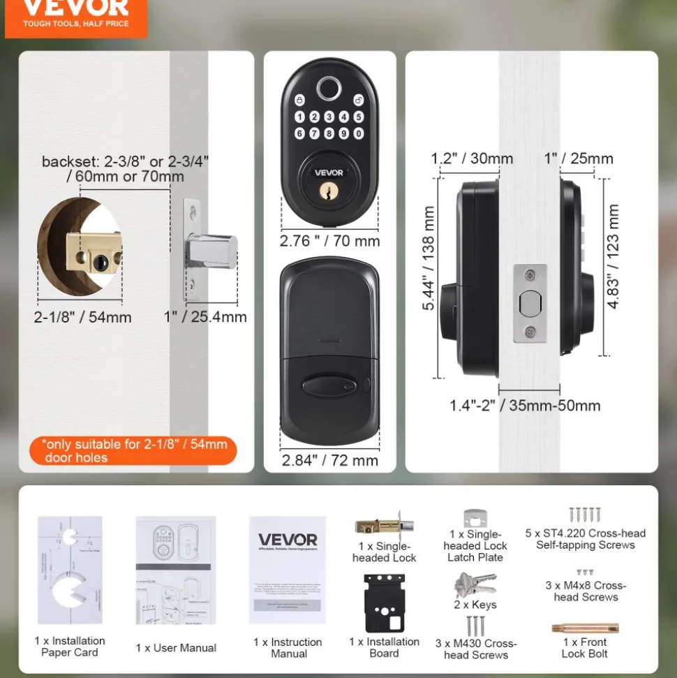 VEVOR Fingerprint Door Lock, with Fingerprint/Keypad Code/Key, One-Time and Anti-Peeking Password, Silent Mode, Constant Unlock Mode, Aluminum Alloy Panel, Electronic Keypad Deadbolt for Entry Doors