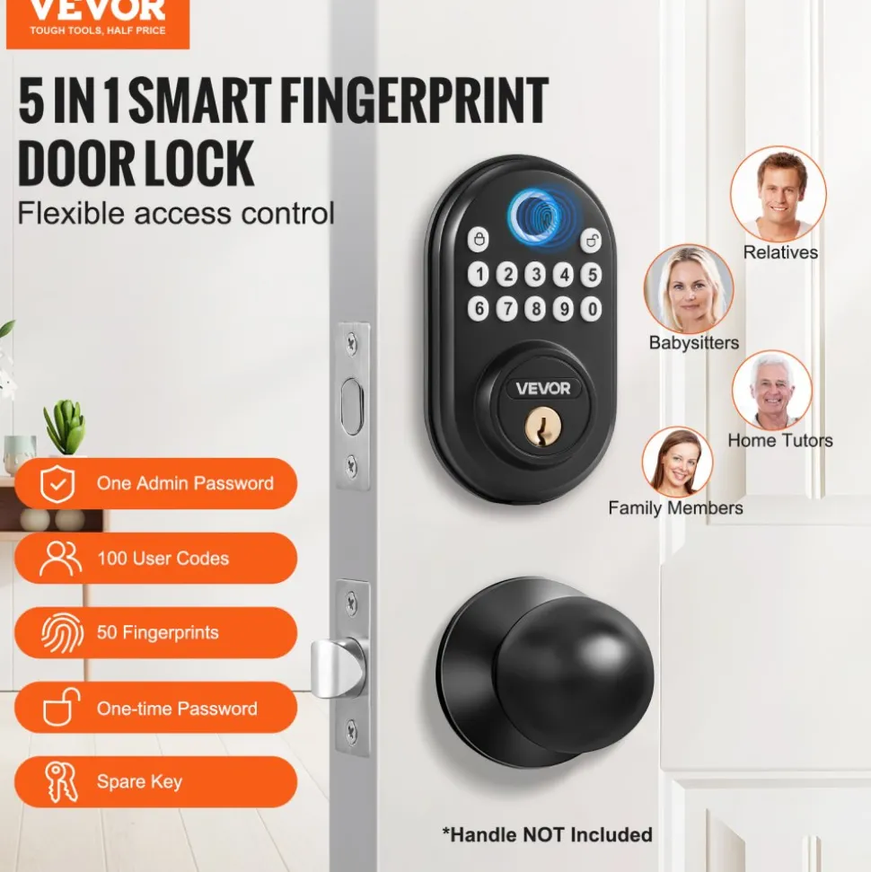 VEVOR Fingerprint Door Lock, with Fingerprint/Keypad Code/Key, One-Time and Anti-Peeking Password, Silent Mode, Constant Unlock Mode, Aluminum Alloy Panel, Electronic Keypad Deadbolt for Entry Doors