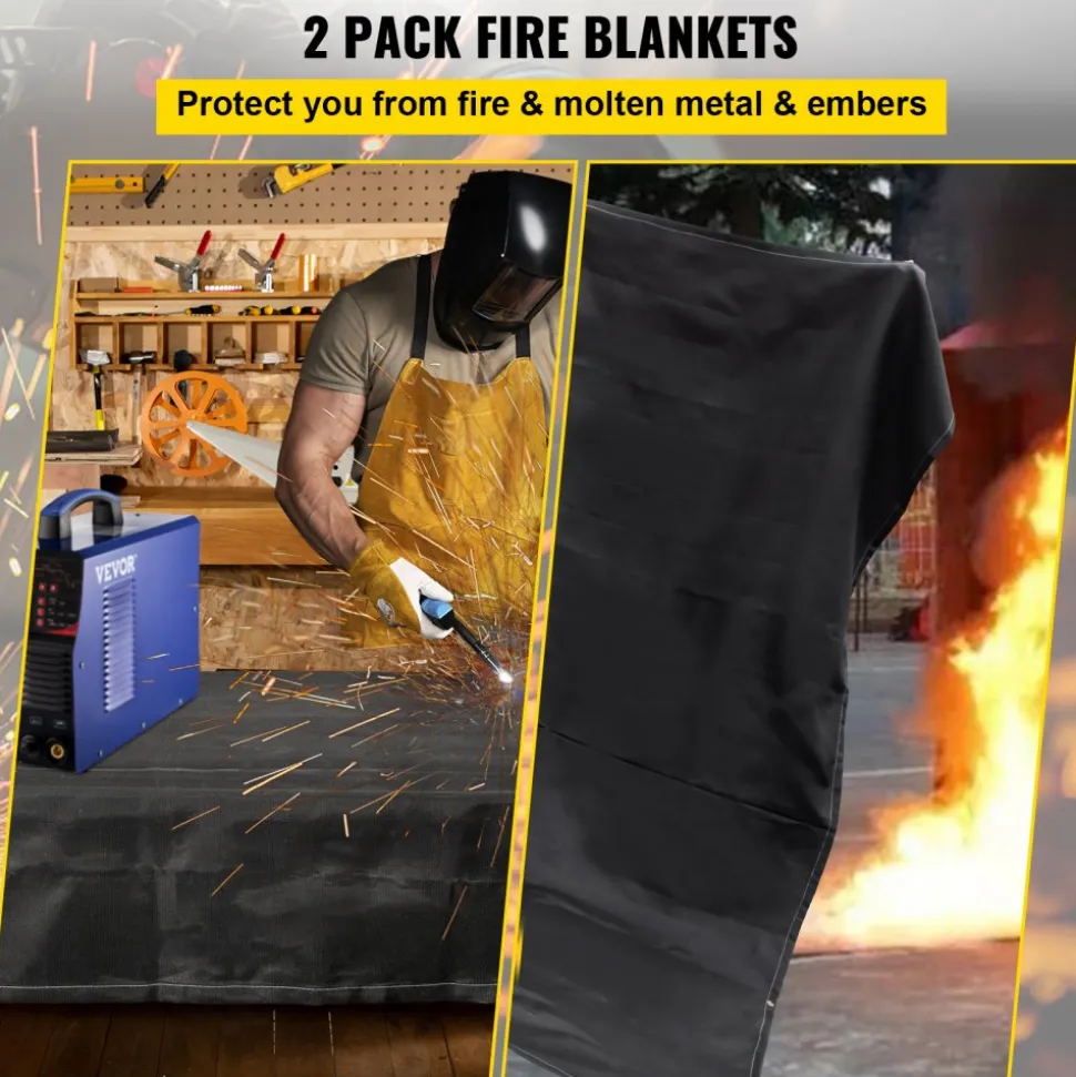 VEVOR Fire Blankets, 2 Pack Welding Blankets, 8' x 10' Fire Suppression Blanket, 1022°F Flame Retardant Blanket, Black Fire Emergency Blankets, Fiberglass Fire Retardant Blanket with 12 Brass Gromme