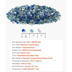VEVOR Fire Glass, 10 LBS / 4.5 KG Fireplace Rocks, 3/4-Inch / 19.05 mm Reflective Firepit Glass Rock, High Luster Stone Landscaping for Fire Pit Table, Aqua Blue + Caribbean Blue + Aqua Green