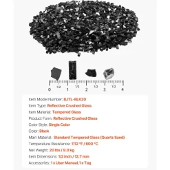 VEVOR Fire Glass, 20 LBS / 9.0 KG High-Temperature Resistant Fireplace Rocks, 1/2-Inch / 12.7 mm Reflective & Smokeless Firepit Glass Rock, High Luster Stone Landscaping for Fire Pit Table, Black