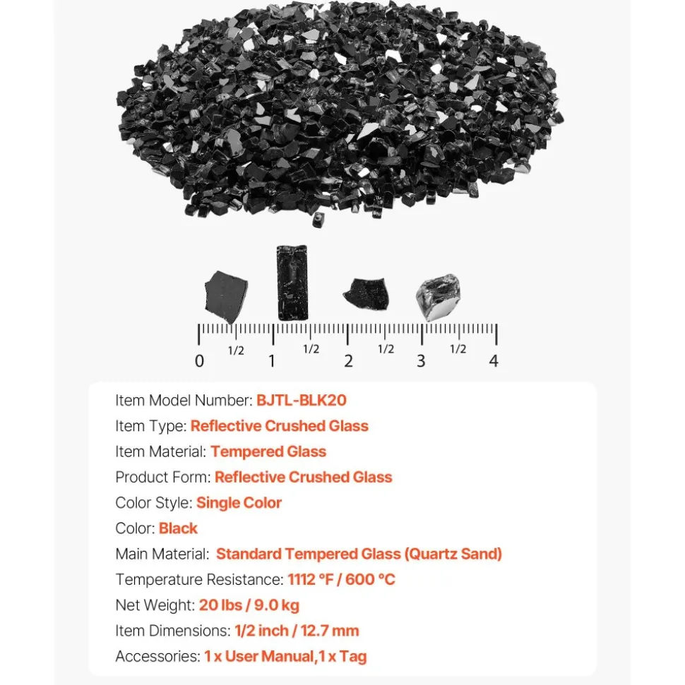 VEVOR Fire Glass, 20 LBS / 9.0 KG High-Temperature Resistant Fireplace Rocks, 1/2-Inch / 12.7 mm Reflective & Smokeless Firepit Glass Rock, High Luster Stone Landscaping for Fire Pit Table, Black