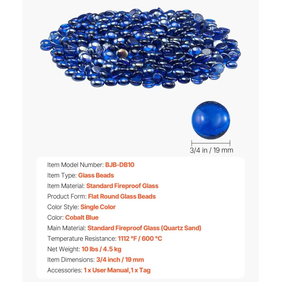 VEVOR Fire Glass, 10LBS / 4.5KG High-Temperature Resistant Fireplace Rocks, 1/2-Inch / 12.7 mm Reflective & Smokeless Firepit Glass Rock, High Luster Stone Landscaping for Fire Pit Table, Cobalt Blue