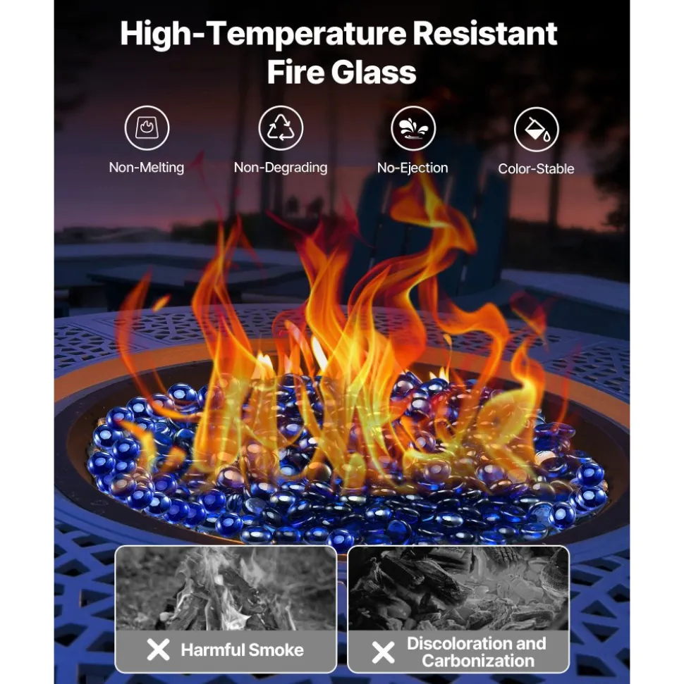 VEVOR Fire Glass, 10LBS / 4.5KG High-Temperature Resistant Fireplace Rocks, 1/2-Inch / 12.7 mm Reflective & Smokeless Firepit Glass Rock, High Luster Stone Landscaping for Fire Pit Table, Cobalt Blue