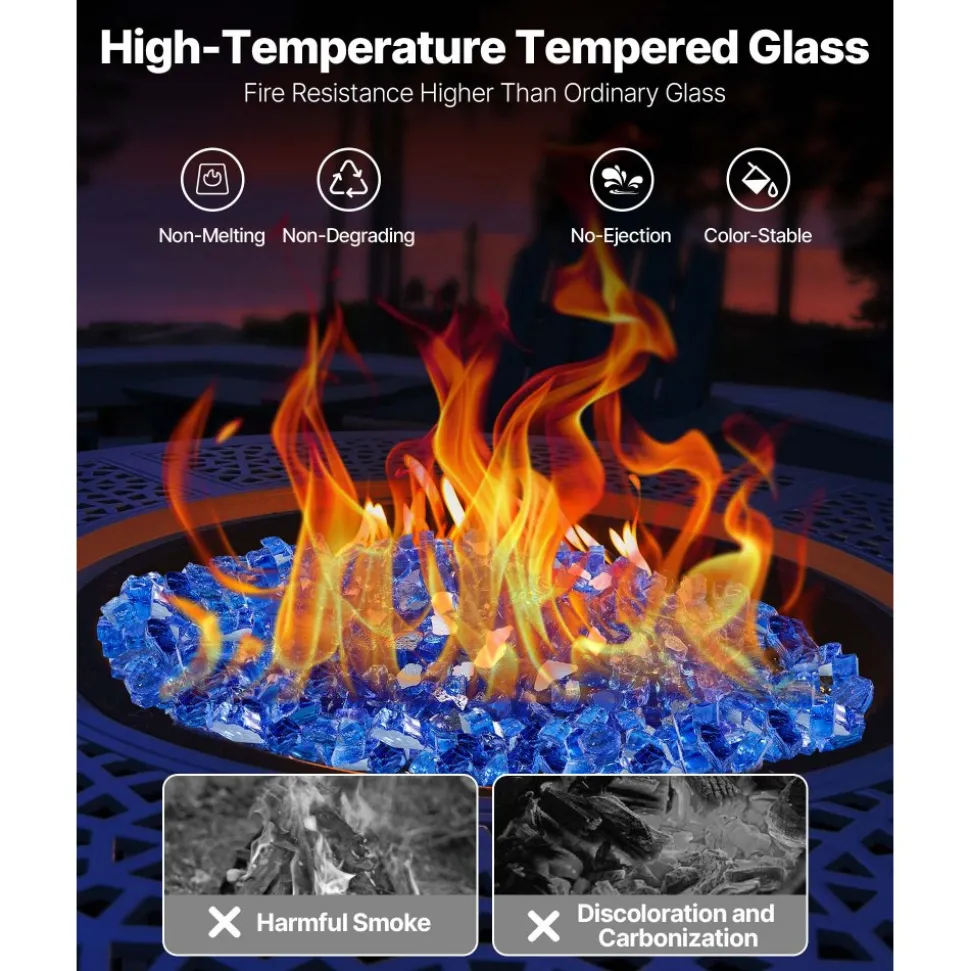 VEVOR Fire Glass, 35LBS / 15.88KG High-Temperature Resistant Fireplace Rocks, 1/2-Inch / 12.7mm Reflective & Smokeless Firepit Glass Rock, High Luster Stone Landscaping for Fire Pit Table, Cobalt Blue