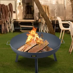 VEVOR Fire Pit Bowl, 34-Inch Diameter Round Carbon Steel Fire Bowl, Wood Burning for Outdoor Patios, Backyards & Camping Uses, with A Drain Hole, Portable Handles and A Firewood Stick, Black