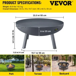 VEVOR Fire Pit Bowl, 34-Inch Diameter Round Carbon Steel Fire Bowl, Wood Burning for Outdoor Patios, Backyards & Camping Uses, with A Drain Hole, Portable Handles and A Firewood Stick, Black