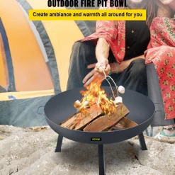 VEVOR Fire Pit Bowl, 34-Inch Diameter Round Carbon Steel Fire Bowl, Wood Burning for Outdoor Patios, Backyards & Camping Uses, with A Drain Hole, Portable Handles and A Firewood Stick, Black