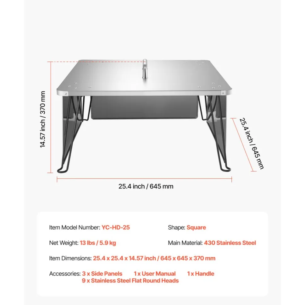 VEVOR Fire Pit Heat Deflector, 25.4x25.4x14.6 inch Square Outdoor Burner Cover, Stainless Steel Bonfire Camping Wood Burning, Push Heat Down and Out with 4 Foldable Legs & Carrying Handle