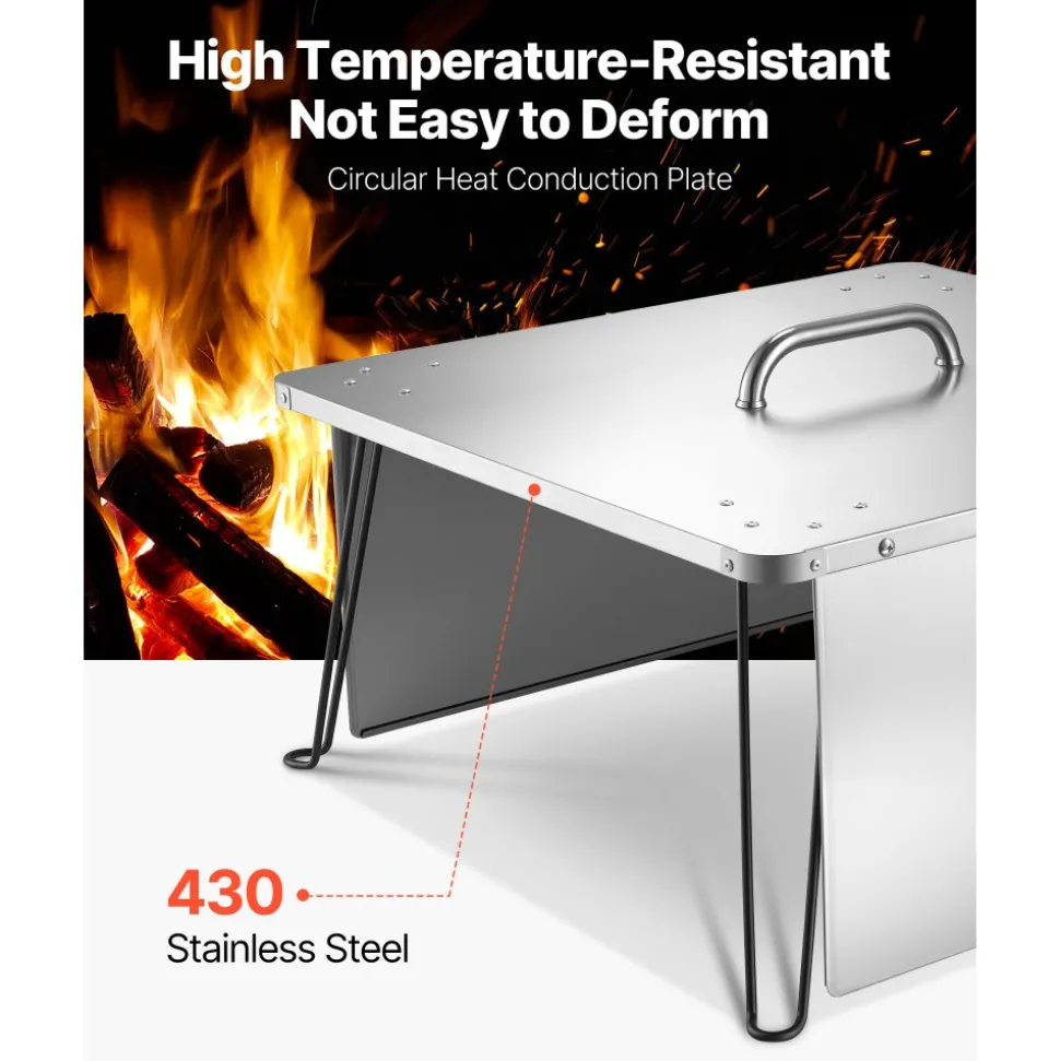 VEVOR Fire Pit Heat Deflector, 25.4x25.4x14.6 inch Square Outdoor Burner Cover, Stainless Steel Bonfire Camping Wood Burning, Push Heat Down and Out with 4 Foldable Legs & Carrying Handle