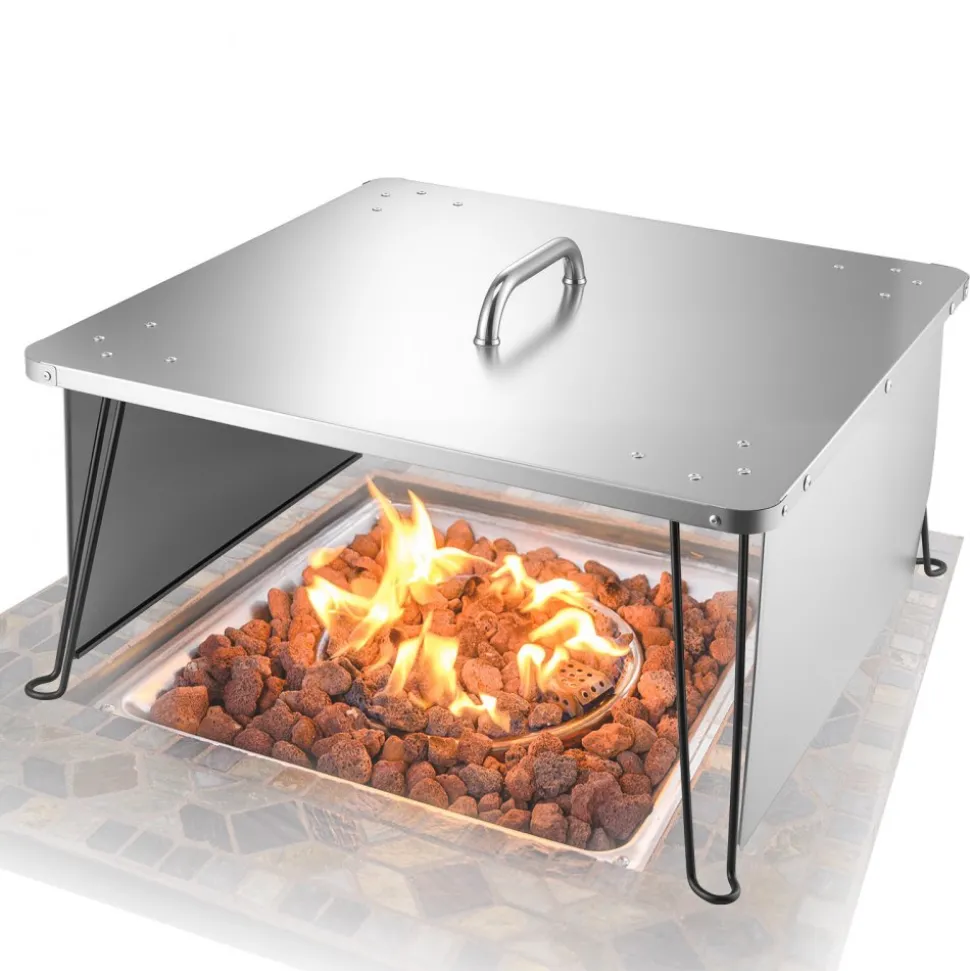 VEVOR Fire Pit Heat Deflector, 25.4x25.4x14.6 inch Square Outdoor Burner Cover, Stainless Steel Bonfire Camping Wood Burning, Push Heat Down and Out with 4 Foldable Legs & Carrying Handle