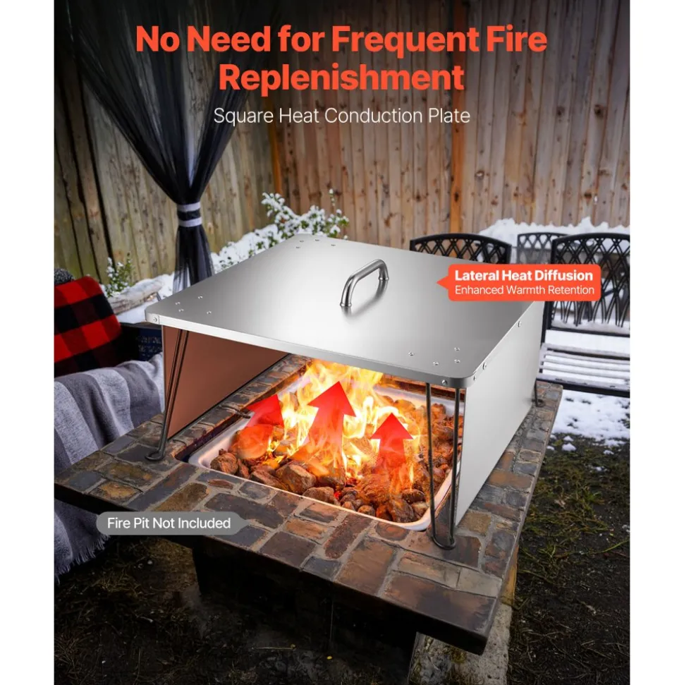 VEVOR Fire Pit Heat Deflector, 25.4x25.4x14.6 inch Square Outdoor Burner Cover, Stainless Steel Bonfire Camping Wood Burning, Push Heat Down and Out with 4 Foldable Legs & Carrying Handle