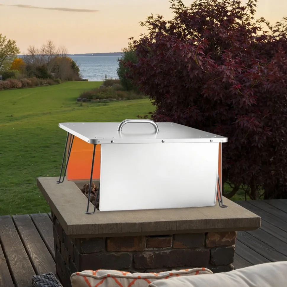 VEVOR Fire Pit Heat Deflector, 25.4x25.4x14.6 inch Square Outdoor Burner Cover, Stainless Steel Bonfire Camping Wood Burning, Push Heat Down and Out with 4 Foldable Legs & Carrying Handle