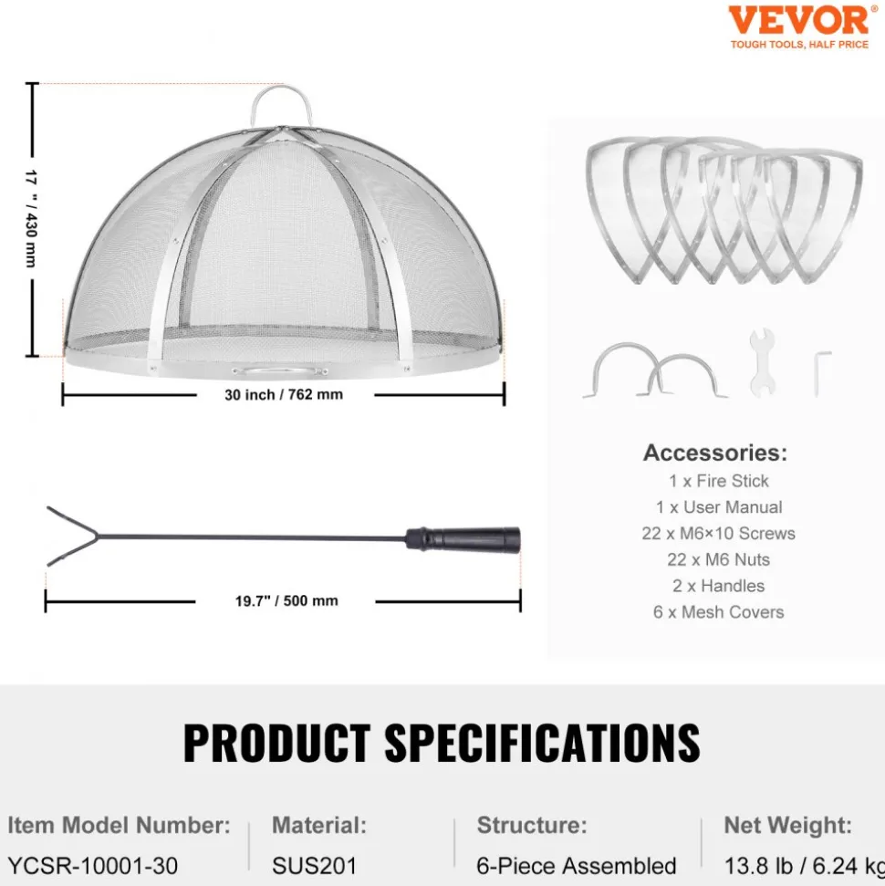 VEVOR Firepit Spark Screen Lid, 30" Diameter, Outdoor Firepit Ring Cover Round Accessories, Fire Pit Metal Cover, Easy-Opening Stainless Steel Fire Ring Covers for Outdoor Patio Fire Pits Backyard