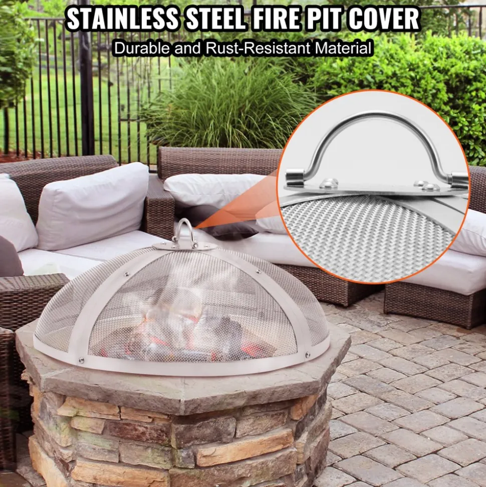 VEVOR Fire Pit Spark Screen Round 27", Reinforced Heavy Duty Steel Metal Cover, Outdoor Firepit Lid, Easy-Opening Top Screen Covers Round with Ring Handle for Outdoor Patio Fire Pits Backyard