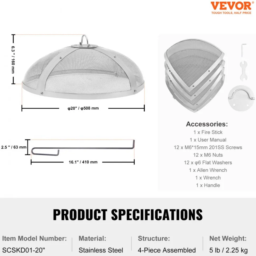 VEVOR Fire Pit Spark Screen Round 27", Reinforced Heavy Duty Steel Metal Cover, Outdoor Firepit Lid, Easy-Opening Top Screen Covers Round with Ring Handle for Outdoor Patio Fire Pits Backyard