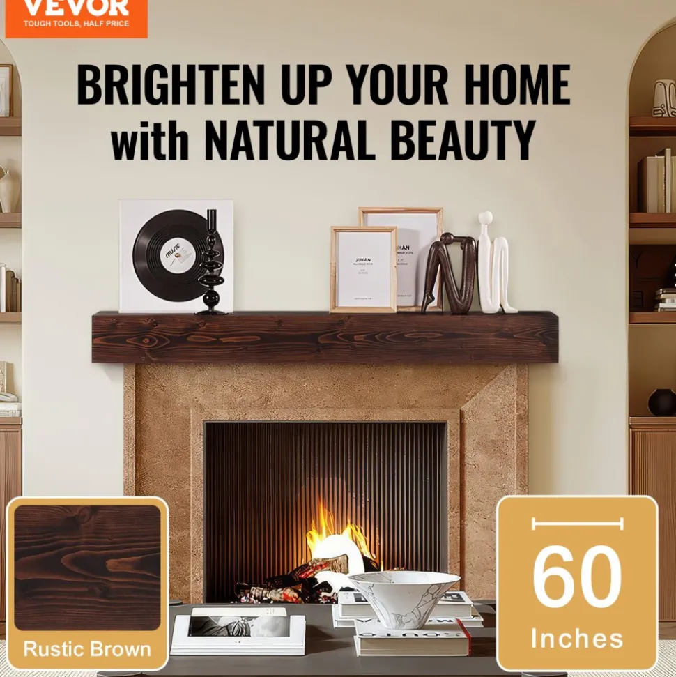 VEVOR Fireplace Mantel, 60" x 8" x 6", 50 lbs Weight Capacity, Natural Wood Mantel for Over Fireplace, Wall Mounted Floating Farmhouse Shelf, Handcrafted Fireplace Mantel for Wall Decor, Rustic Brown