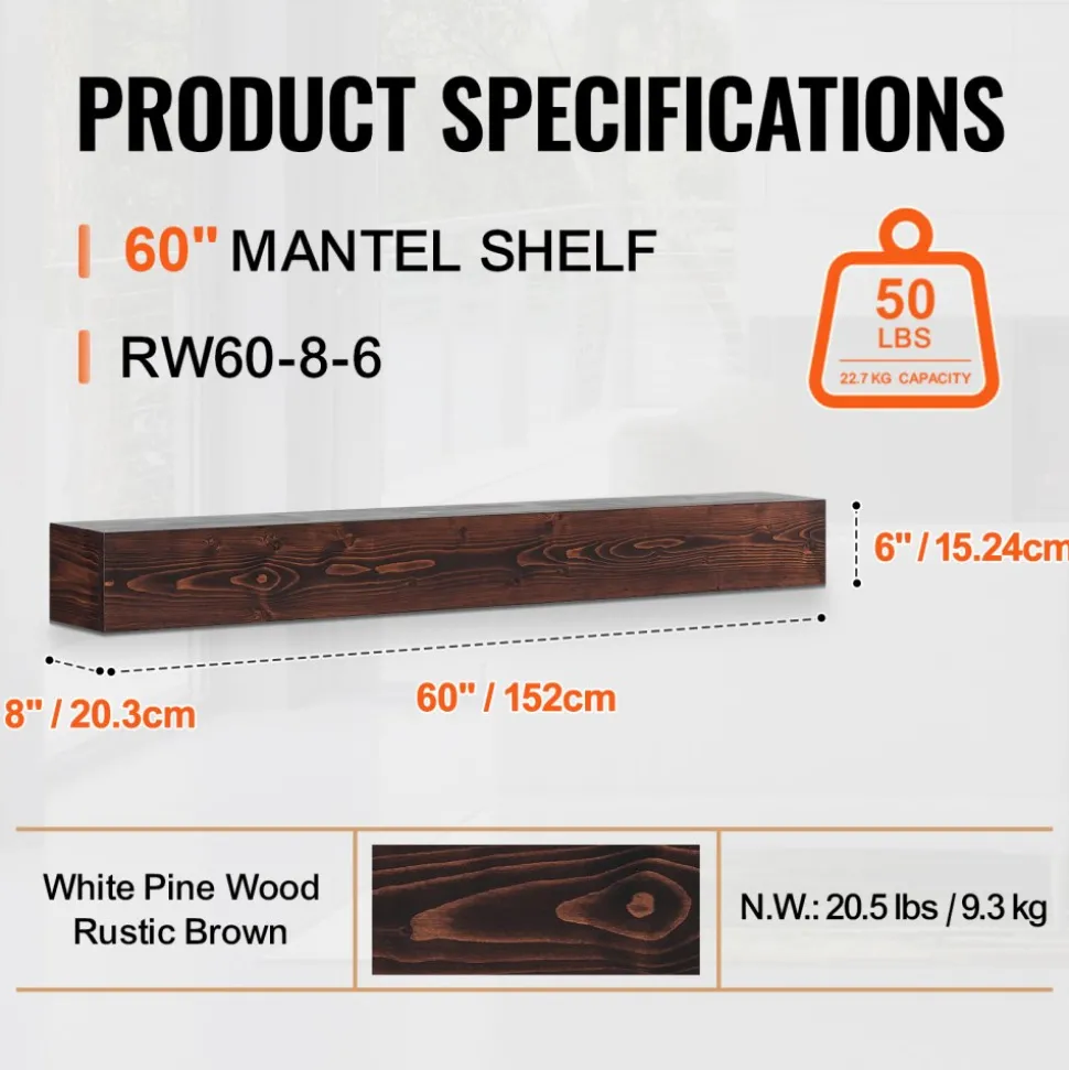 VEVOR Fireplace Mantel, 60" x 8" x 6", 50 lbs Weight Capacity, Natural Wood Mantel for Over Fireplace, Wall Mounted Floating Farmhouse Shelf, Handcrafted Fireplace Mantel for Wall Decor, Rustic Brown