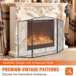 VEVOR Fireplace Screen 3 Panel, Sturdy Iron Mesh Fireplace Screen, 48"(L) x30.2"(H) Spark Guard Cover, No Assembly Required, Free Standing Fireplace Fence Grate for Living Room Home Decor Vintage Blac