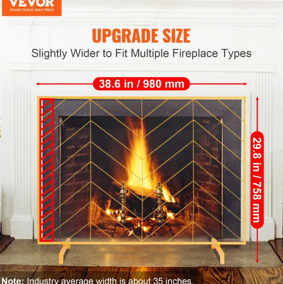 VEVOR Fireplace Screen Single Panel, Sturdy Iron Mesh Fireplace Screen, 38.6"(L) x29.8"(H) Spark Guard Cover, Simple Installation, Free Standing Fire Fence Grate for Living Room Home Decor Modern