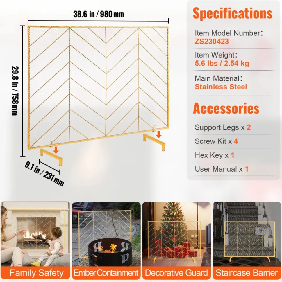 VEVOR Fireplace Screen Single Panel, Sturdy Iron Mesh Fireplace Screen, 38.6"(L) x29.8"(H) Spark Guard Cover, Simple Installation, Free Standing Fire Fence Grate for Living Room Home Decor Modern