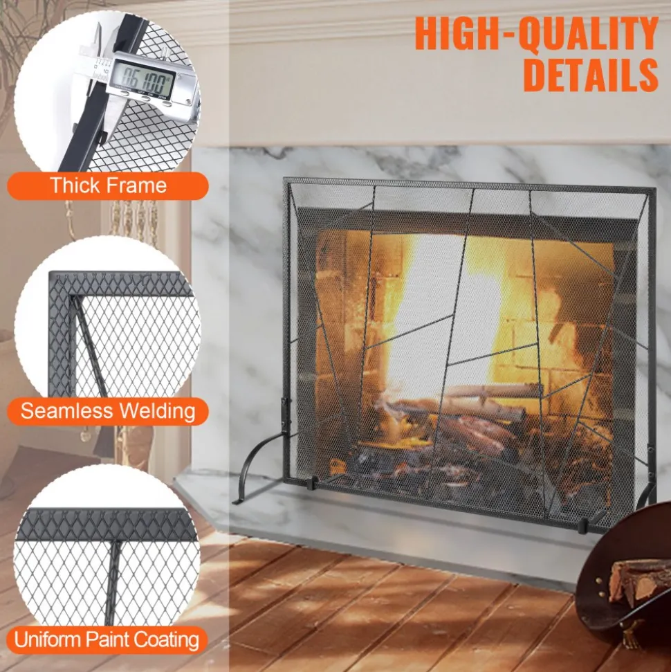 VEVOR Fireplace Screen Single Panel, Sturdy Iron Mesh Fireplace Screen, 35.6"(L) x28.4"(H) Spark Guard Cover, Simple Installation, Free Standing Fire Fence Grate for Living Room Home Decor Modern