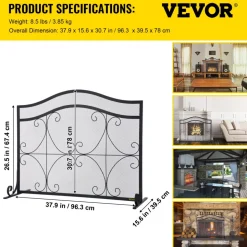 VEVOR Fireplace Screen, 38 x 26.5 Inch,Heavy Duty Iron Freestanding Spark Guard with Support, Metal Mesh Craft, Broom Tong Shovel Poker Included for Fireplace Decoration & Protection, Black
