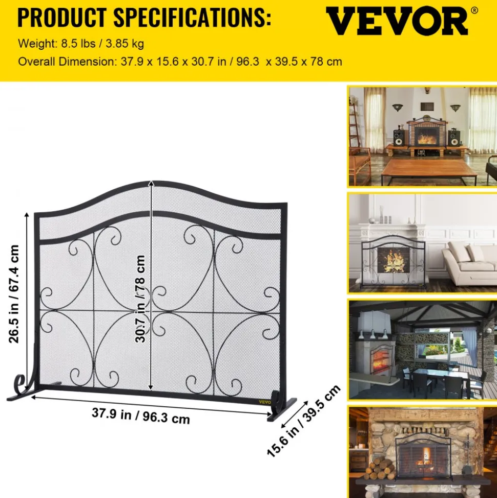 VEVOR Fireplace Screen, 38 x 26.5 Inch,Heavy Duty Iron Freestanding Spark Guard with Support, Metal Mesh Craft, Broom Tong Shovel Poker Included for Fireplace Decoration & Protection, Black