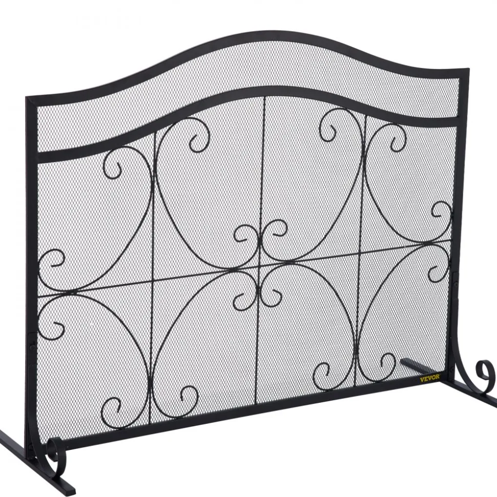 VEVOR Fireplace Screen, 38 x 26.5 Inch,Heavy Duty Iron Freestanding Spark Guard with Support, Metal Mesh Craft, Broom Tong Shovel Poker Included for Fireplace Decoration & Protection, Black