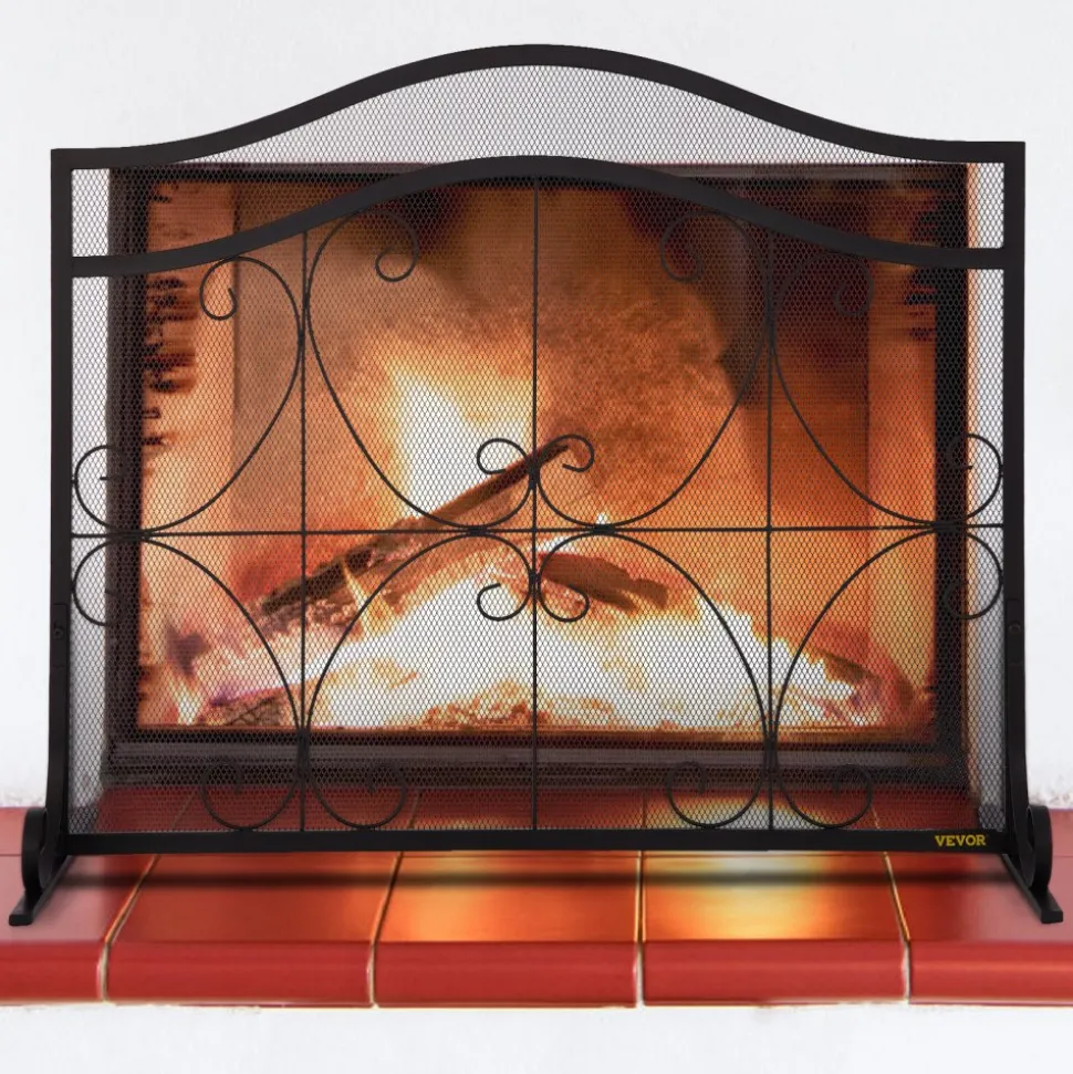 VEVOR Fireplace Screen, 38 x 26.5 Inch,Heavy Duty Iron Freestanding Spark Guard with Support, Metal Mesh Craft, Broom Tong Shovel Poker Included for Fireplace Decoration & Protection, Black