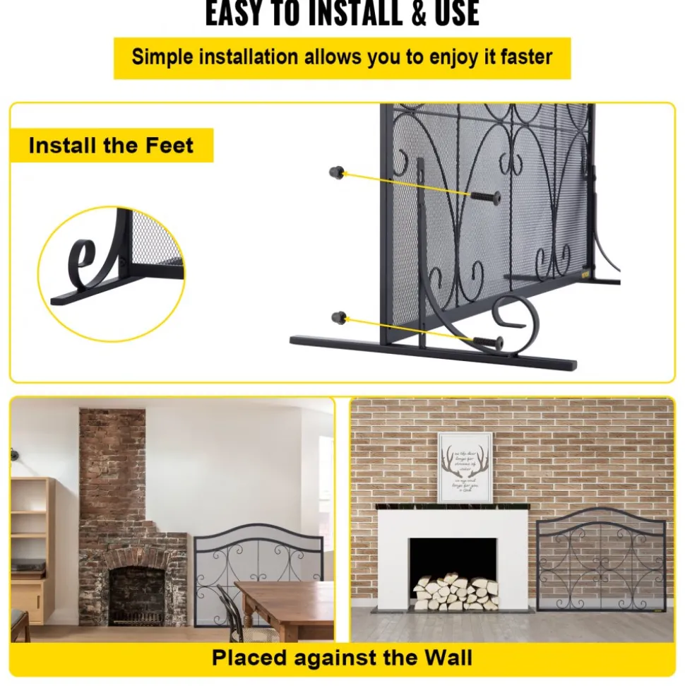 VEVOR Fireplace Screen, 38 x 26.5 Inch,Heavy Duty Iron Freestanding Spark Guard with Support, Metal Mesh Craft, Broom Tong Shovel Poker Included for Fireplace Decoration & Protection, Black