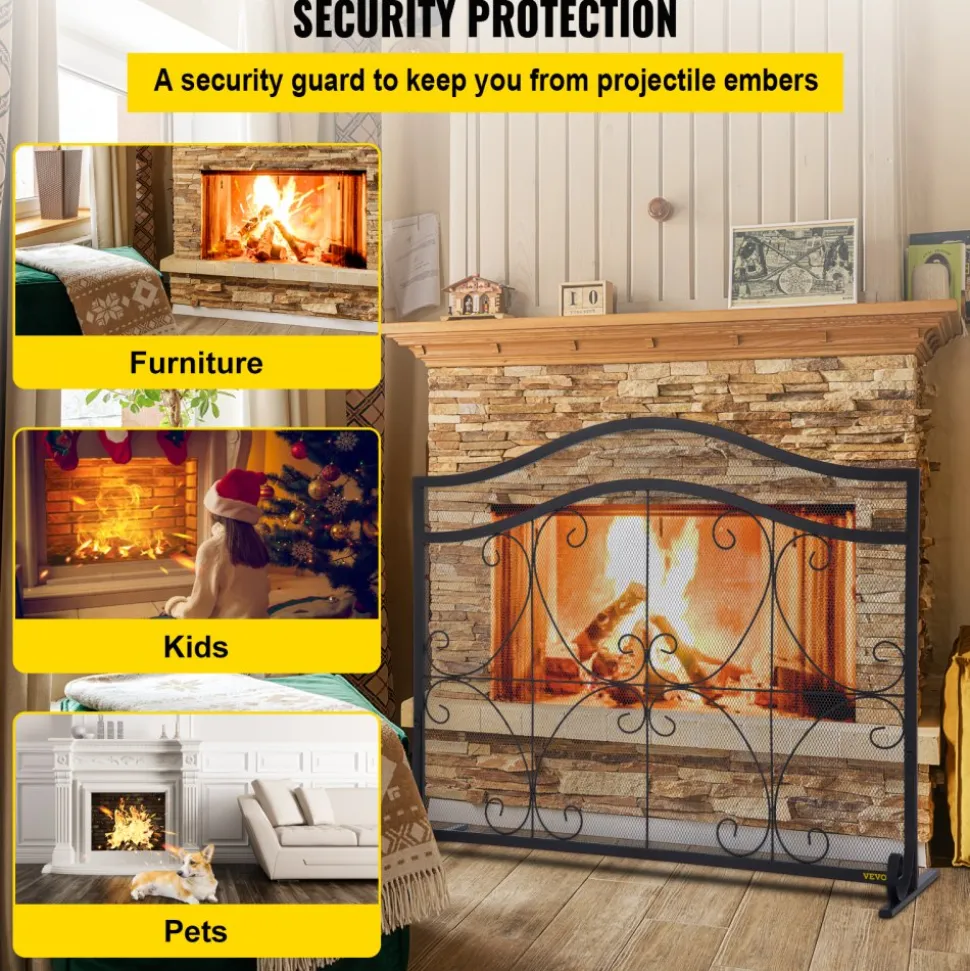 VEVOR Fireplace Screen, 38 x 26.5 Inch,Heavy Duty Iron Freestanding Spark Guard with Support, Metal Mesh Craft, Broom Tong Shovel Poker Included for Fireplace Decoration & Protection, Black