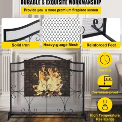 VEVOR Fireplace Screen, 38 x 26.5 Inch,Heavy Duty Iron Freestanding Spark Guard with Support, Metal Mesh Craft, Broom Tong Shovel Poker Included for Fireplace Decoration & Protection, Black